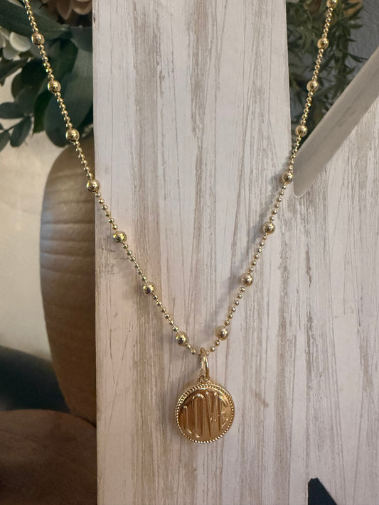 Circle of Love Shiny Gold Charm on an 18” Gold Ball Link Chain Necklace