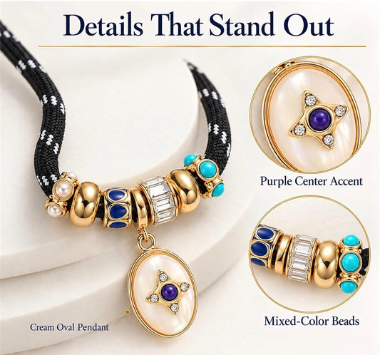 Cream Oval Pendant & Boho Gold-Tone Charms on a Black Paracord Rope Necklace