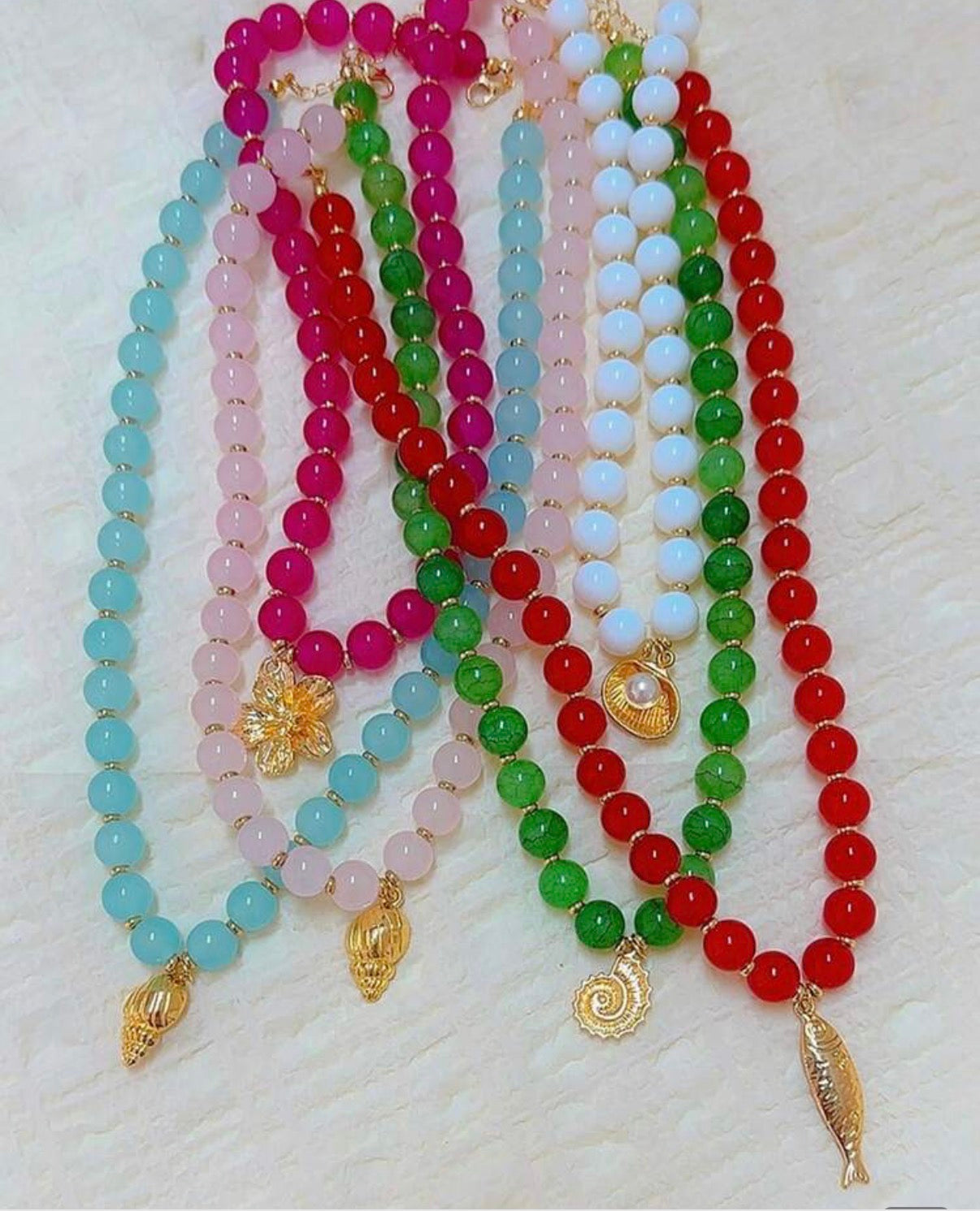 Beautiful Light Ocean Blue Beaded Necklace with Gold Seashell Pendant