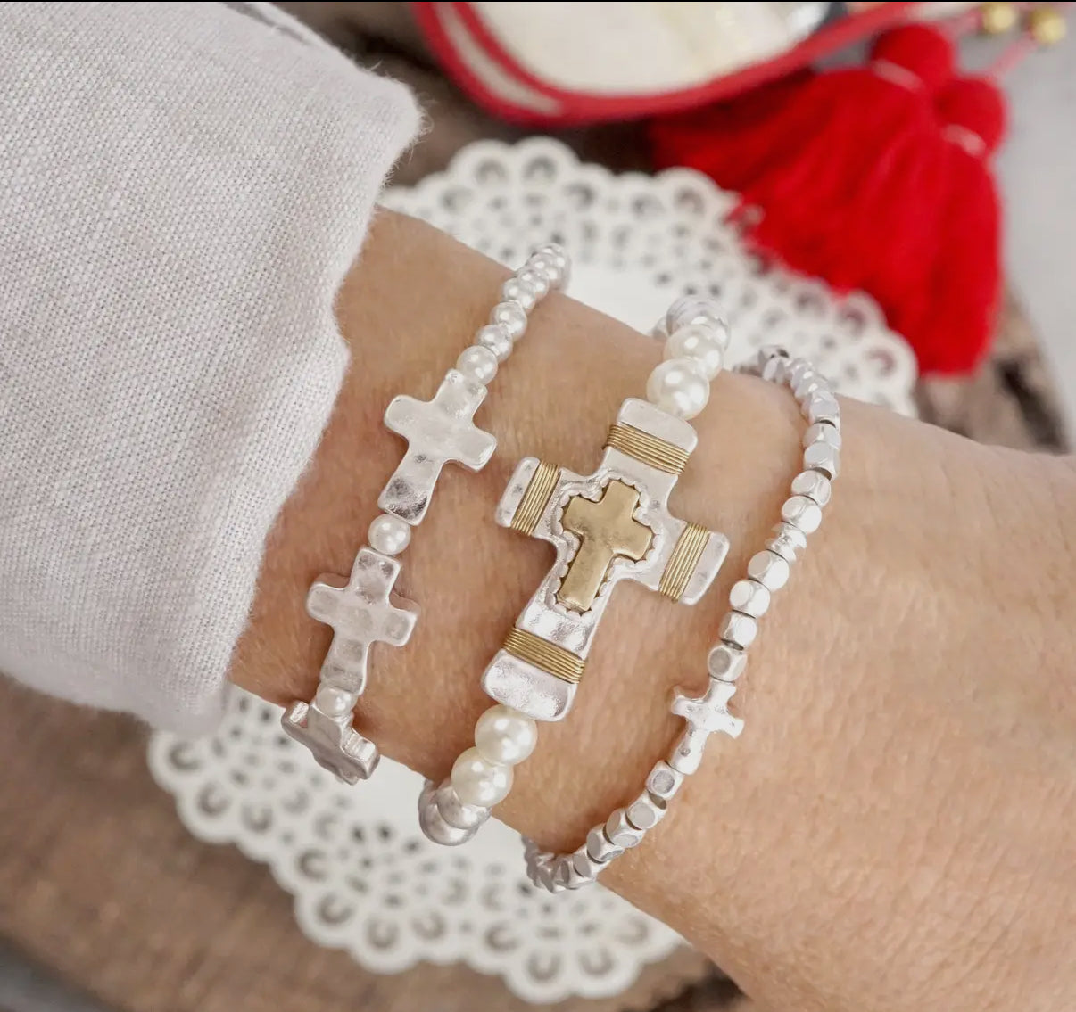 3 Cross Boho Bracelet Set in Worn Silver Tone