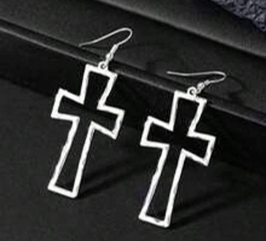 Silver Hollow Cross Dangle Earrings