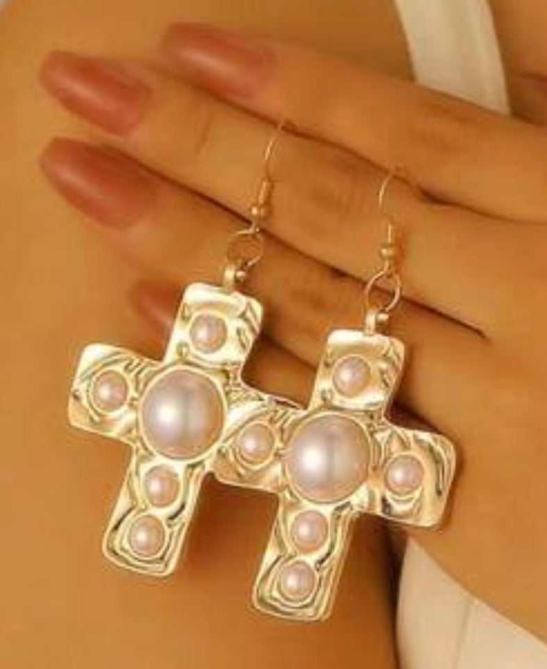 Chunky Pearl Cross Dangle Earrings