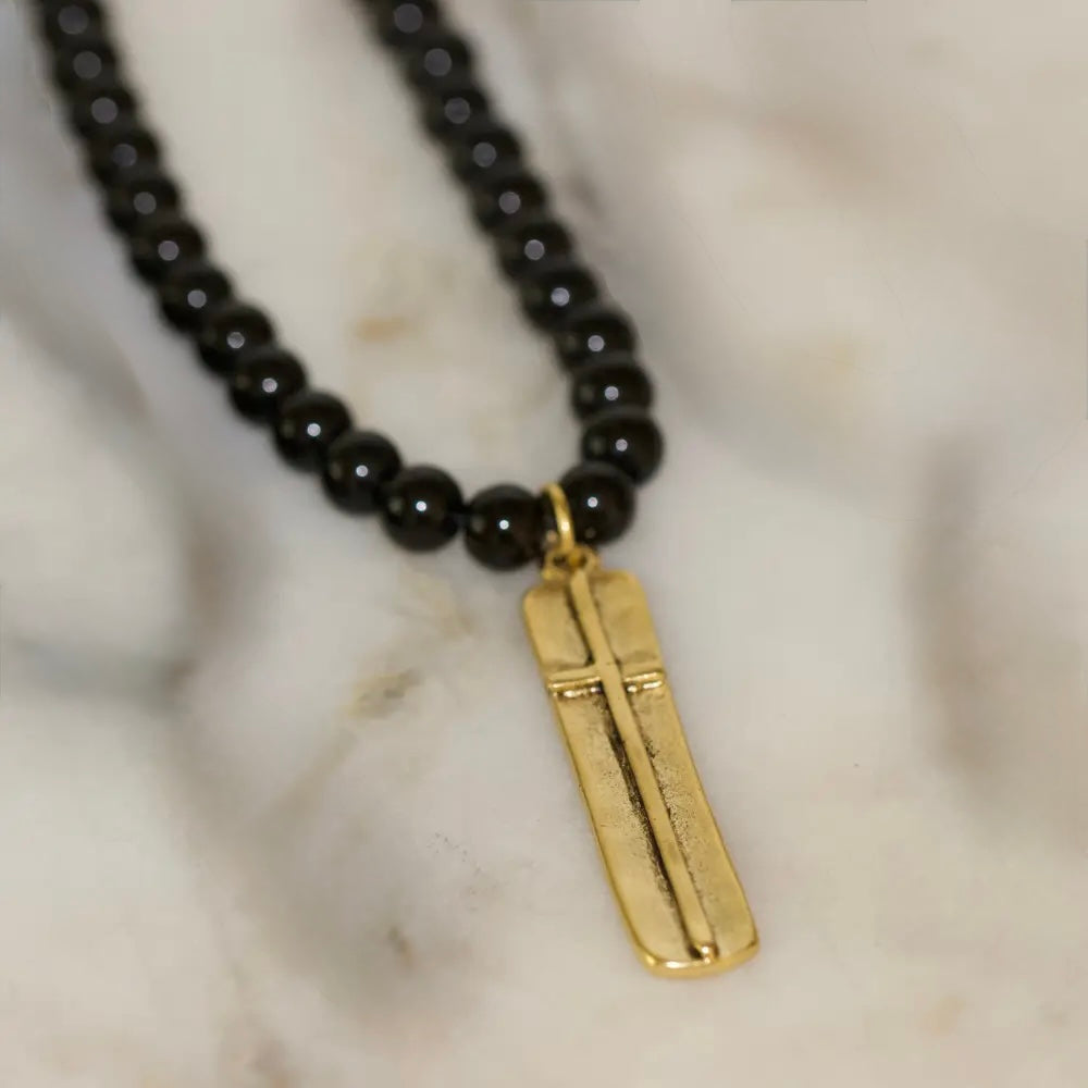 Black Beaded Heritage Necklace with Gold Cross Pendant