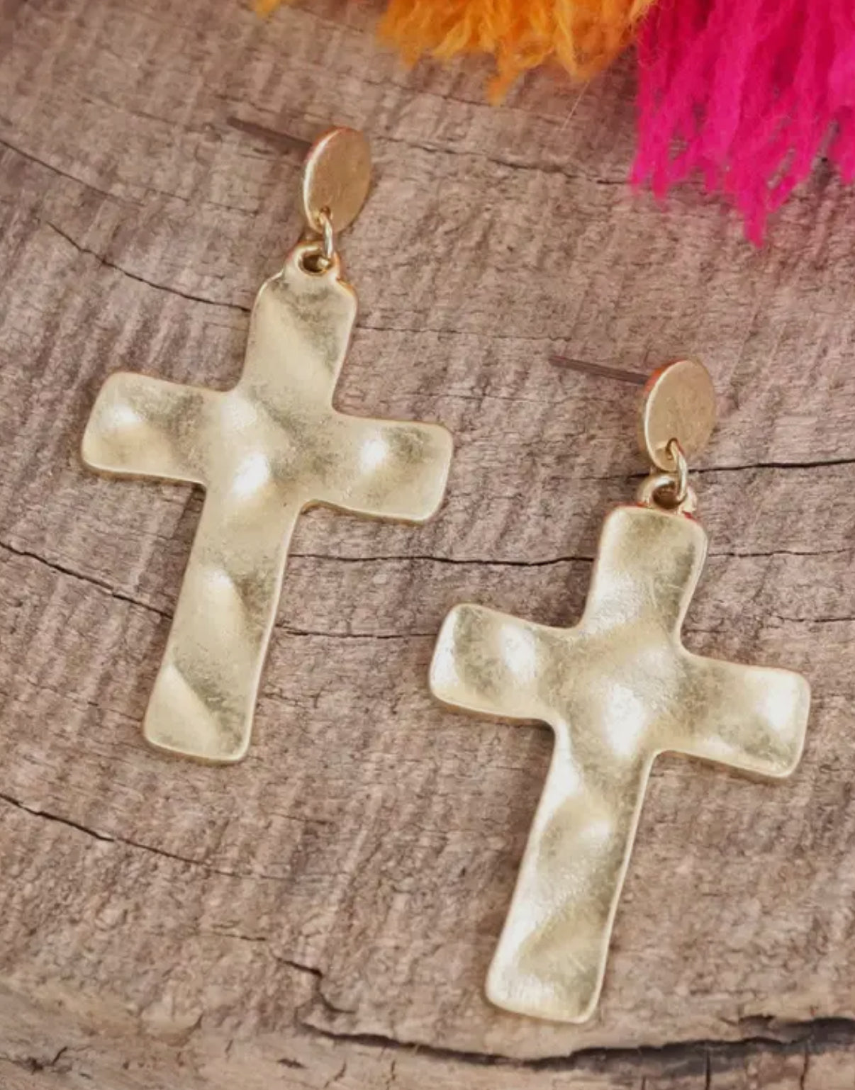 Gold Cross Hammered/ Distressed Drop Earrings