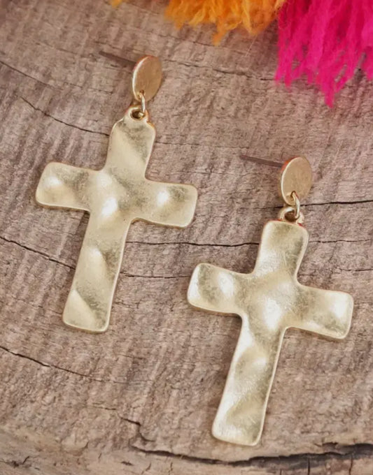 Gold Cross Hammered/ Distressed Drop Earrings