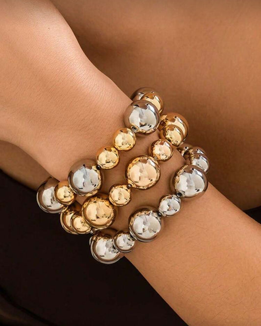 3 Piece Set- Shiny Gold, Silver & Two-Tone Ball Beaded Bracelets