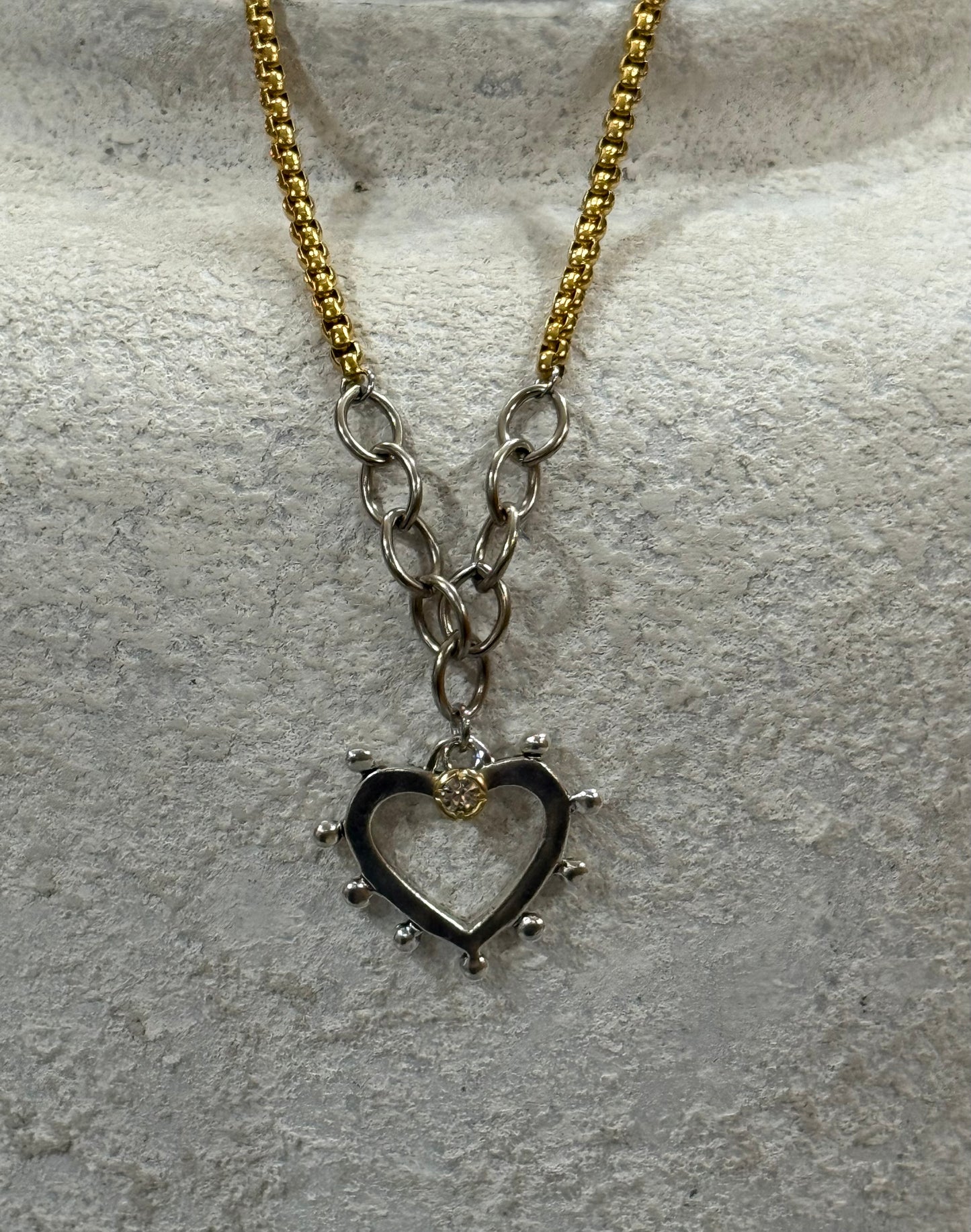 Two-Tone Gold Chain with Silver Spikey Heart Burst Charm/Pendant