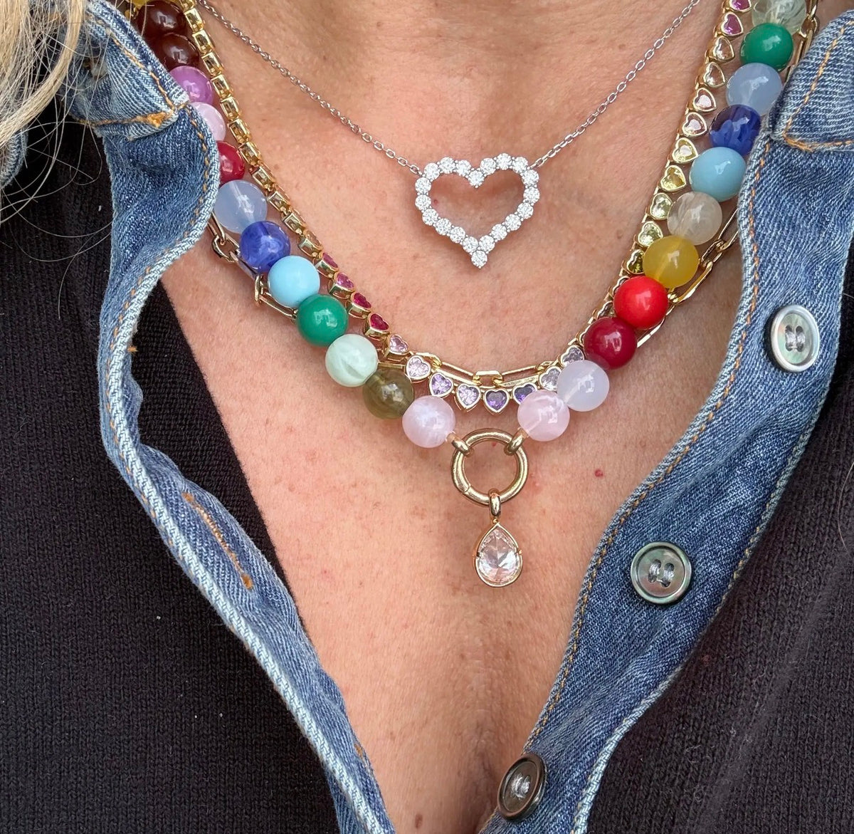 Colorful Beaded Gold Teardrop Necklace