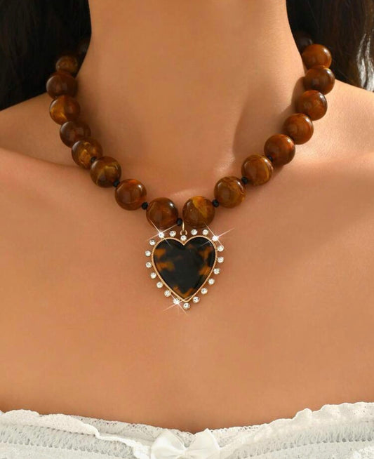 Brown Resin Beaded Necklace with Brown & Gold Spiky Heart Pendant