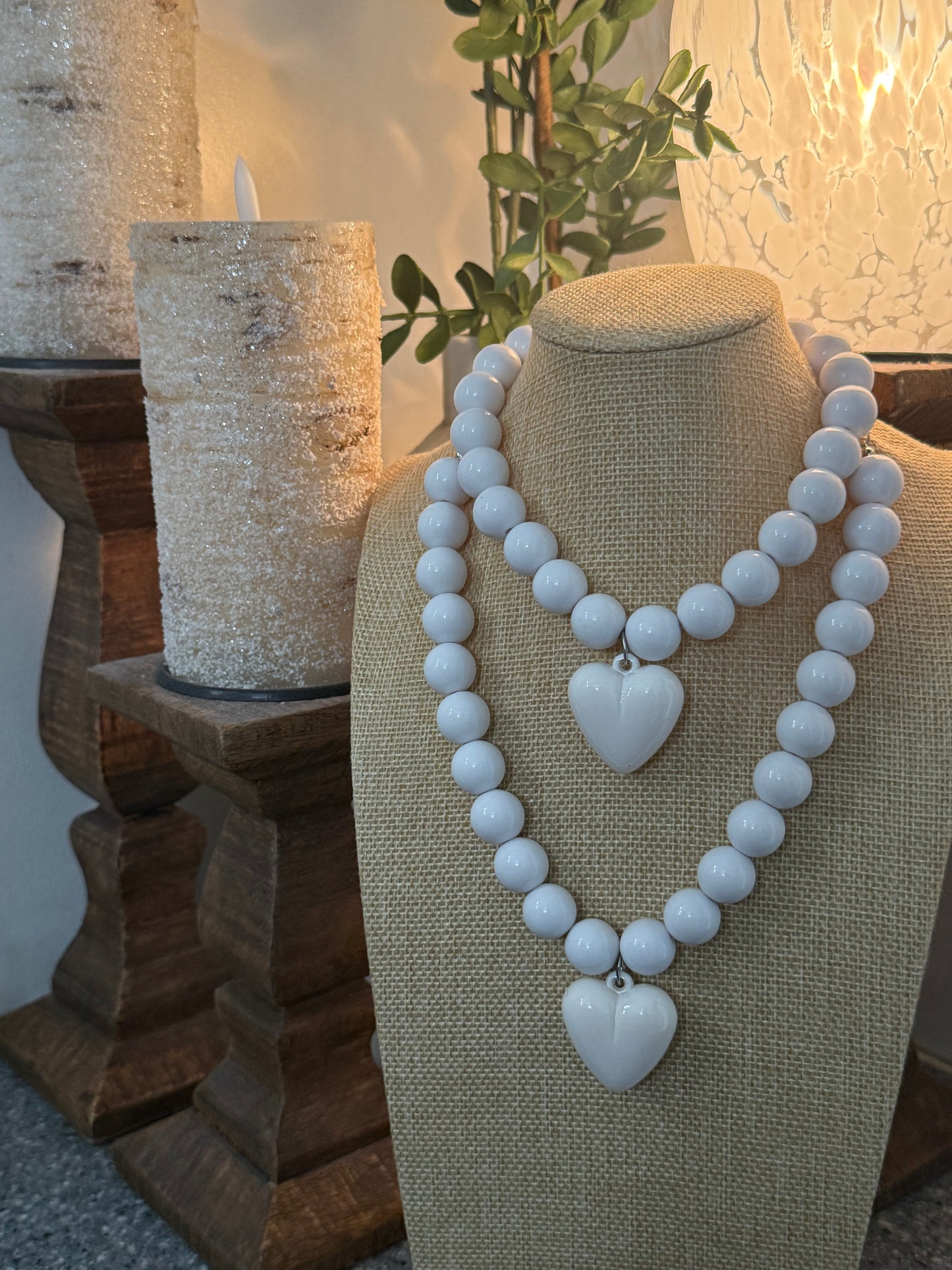 Bright White Acrylic Beaded Necklace with Puffy Heart Pendant