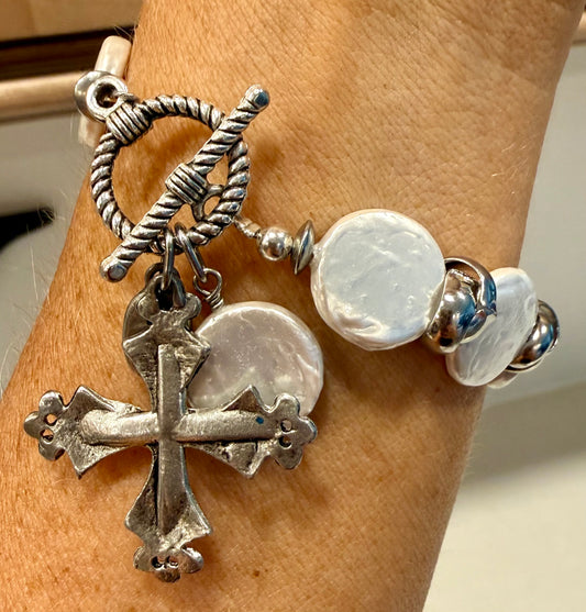 Preorder- Lavish Silver & Pearl Coin Toggle Bracelet with Intricate Cross & Pearl Coin Pendants
