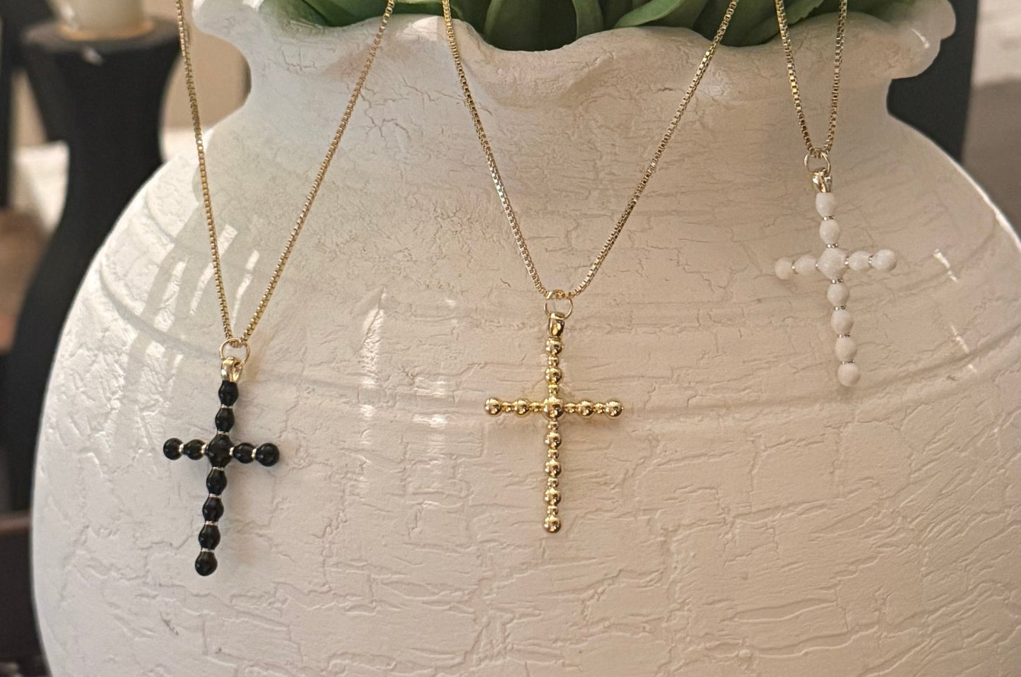 White Ball Bead Cross Pendant on Gold Box Chain Necklace