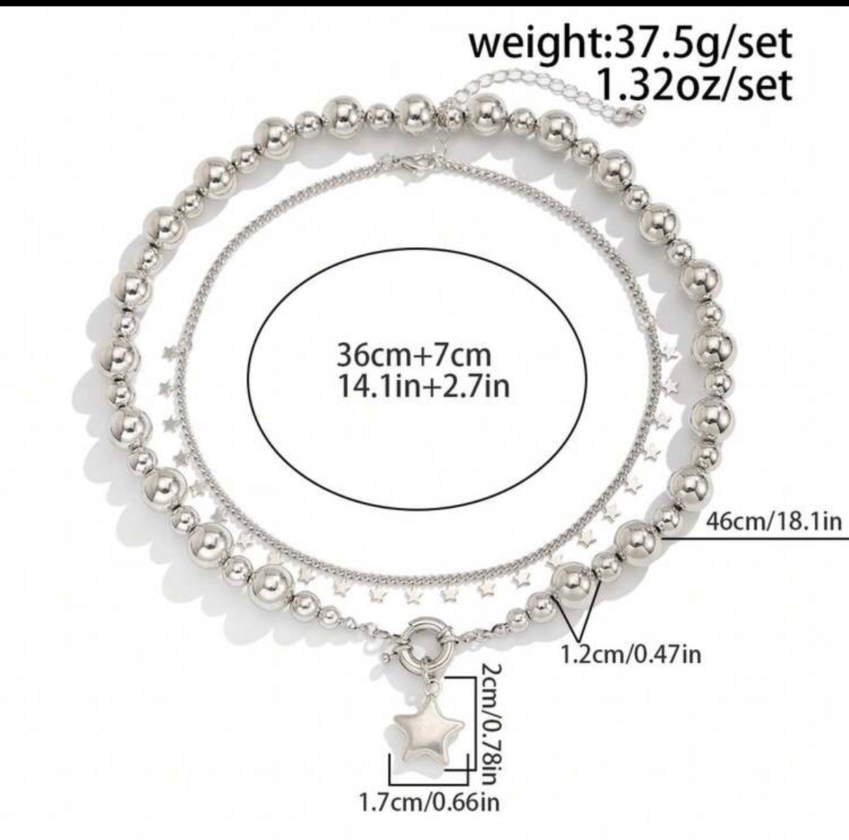 Silver Double Layered- Ball Beaded Chain with toggle/Star & Small Chain with Multiple Star Accent Necklace