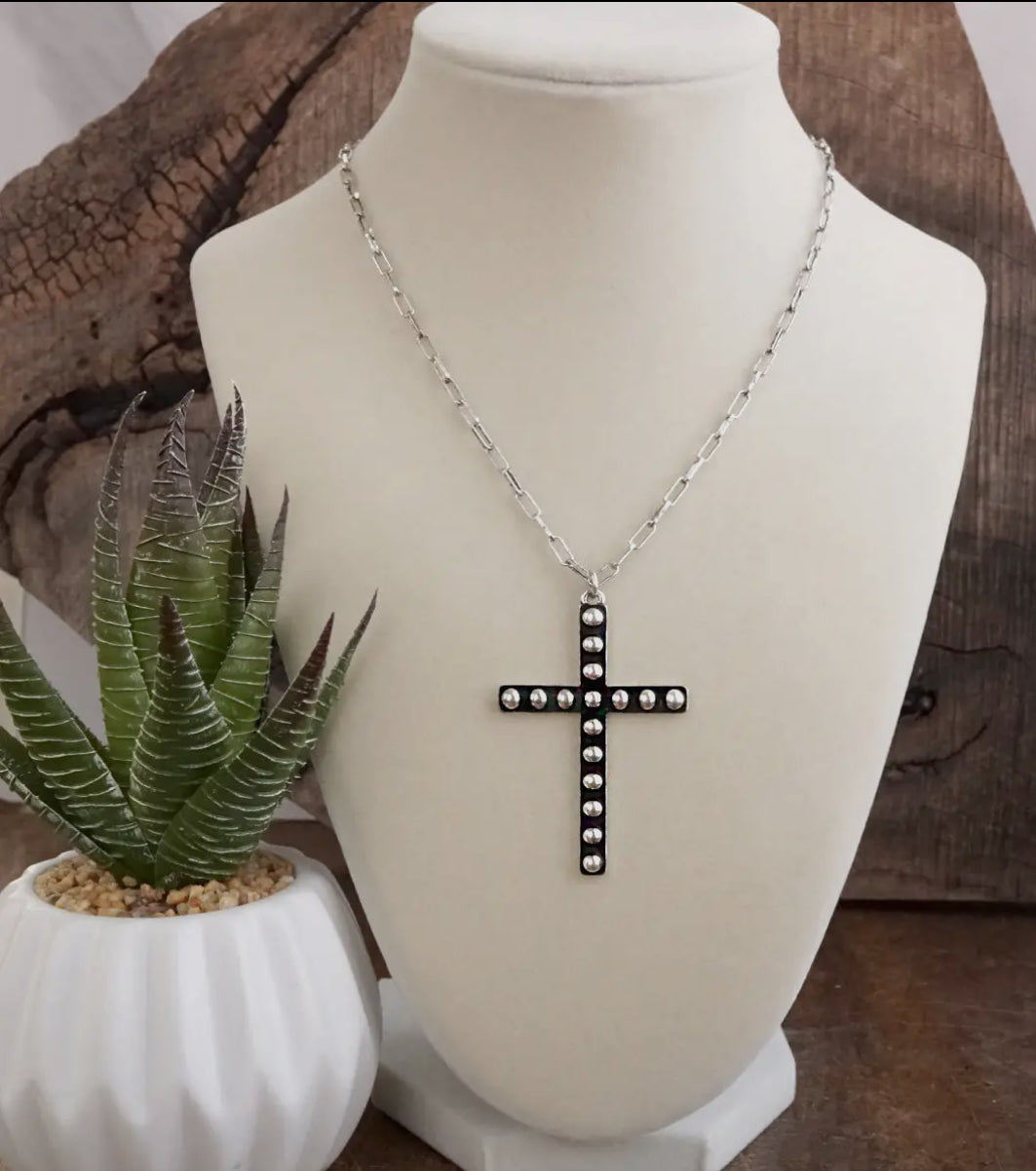 Sacred Echo- Black & Silver Bubble Cross Pendant Necklace