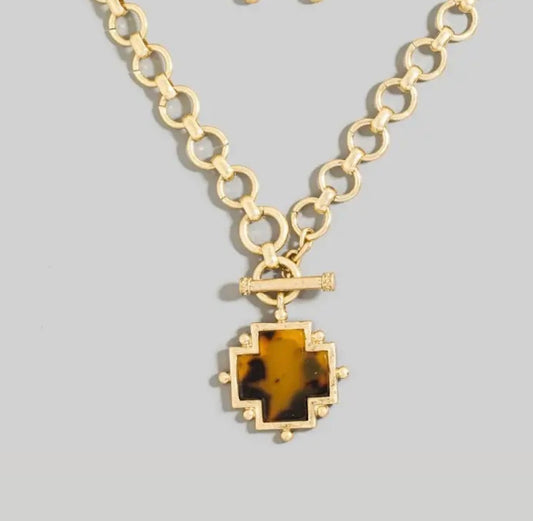 Gold Chain Link Toggle Necklace with Tortoise Cross Pendant
