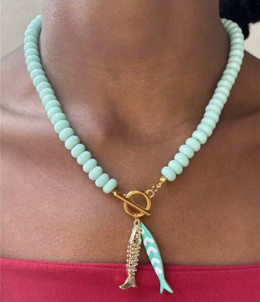 Light Aqua/Mint Toggle Necklace with Gold Fish Pendant