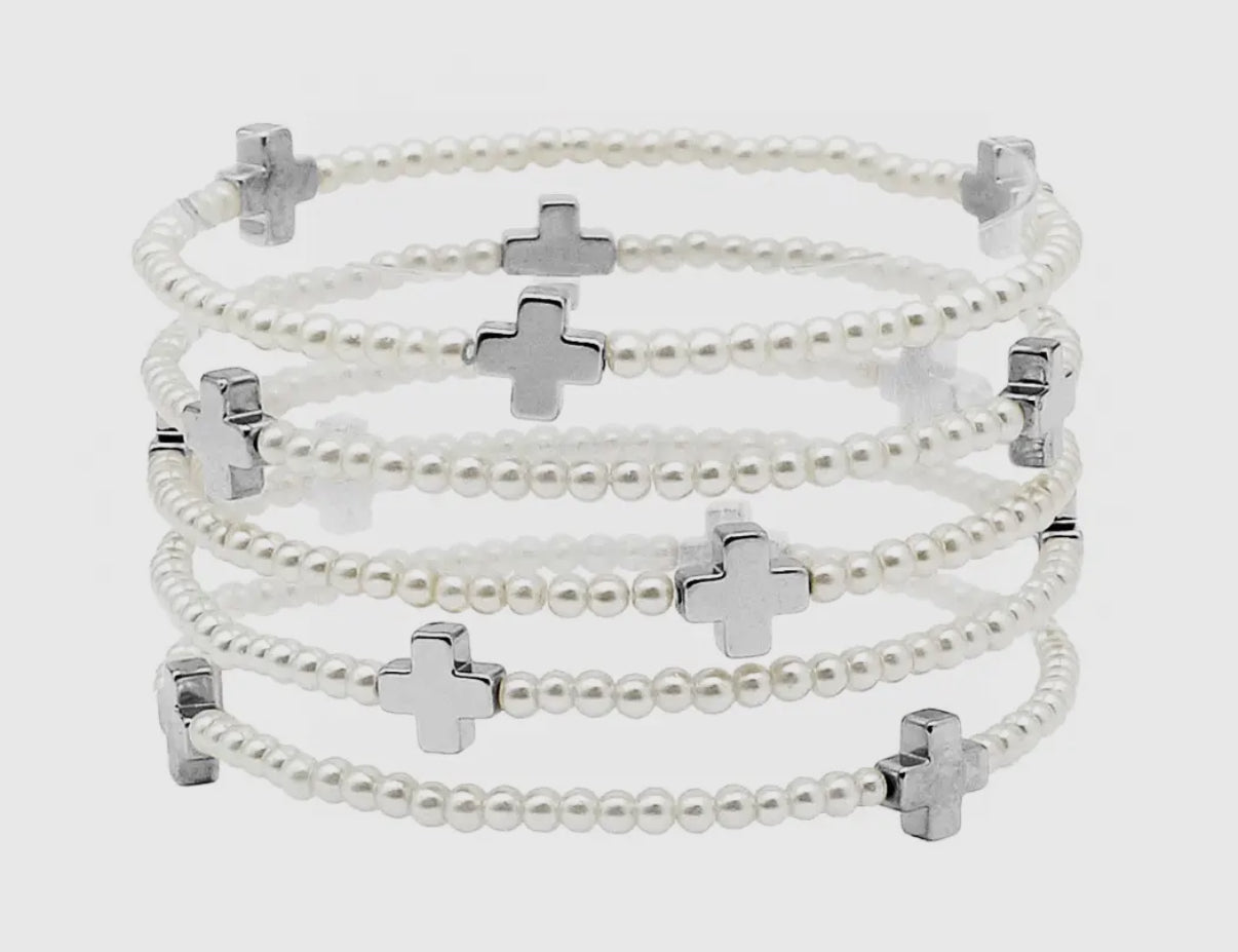 3 pc. Set Silver & Pearl Stretch Bracelets with Silver Cross Accents