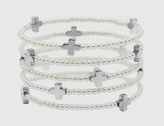 3 pc. Set Silver & Pearl Stretch Bracelets with Silver Cross Accents