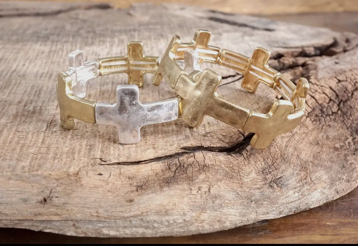 Two-Tone Boho Hammered Sideways Cross Bracelet in Worn Silver & Worn Gold