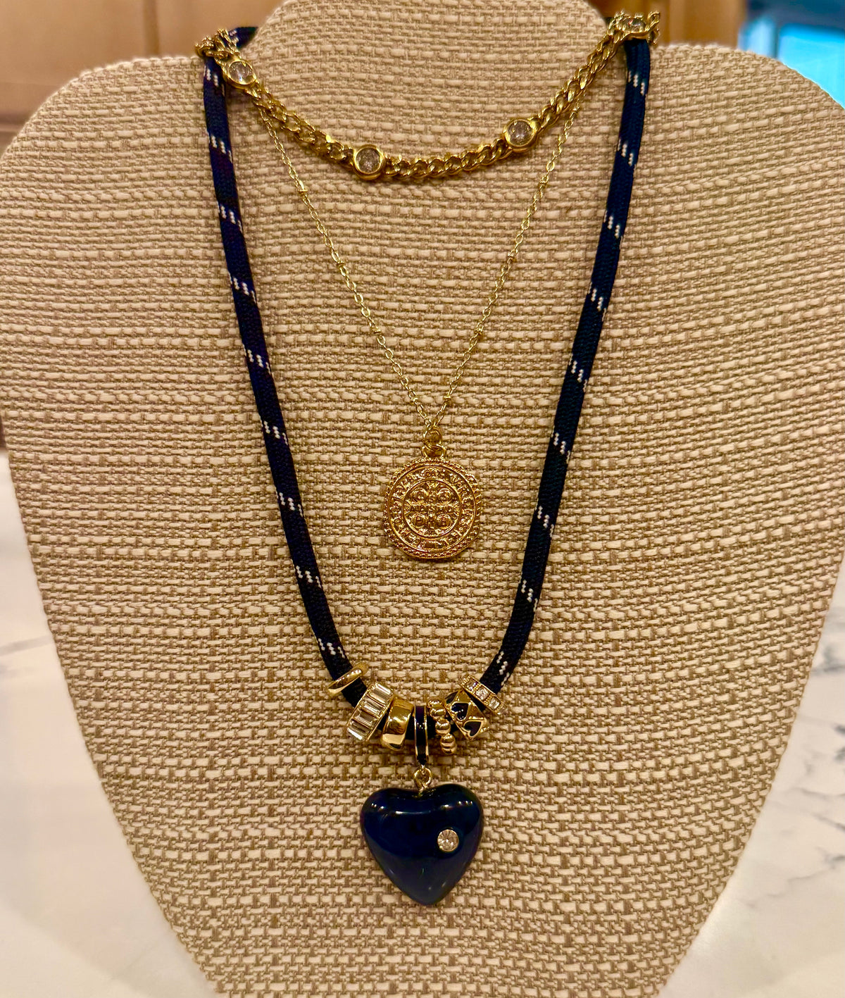 Navy Paracord Rope Choker with Gold & Enamel Charms, Navy Marbled Heart with Tiny Crystal Pendant