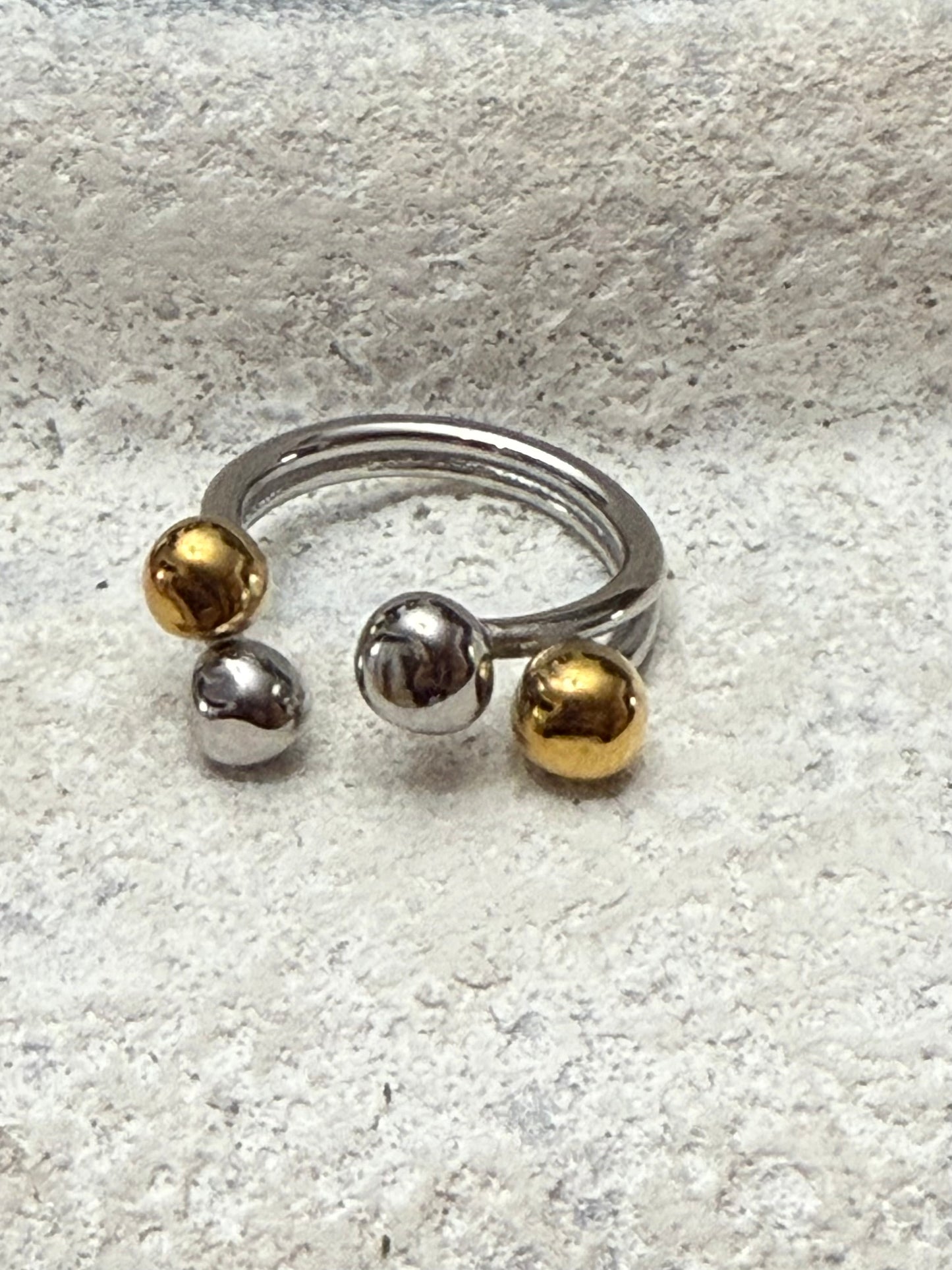 Two-Tone Silver Ring with Gold & Silver Ball Accents- Adjustable