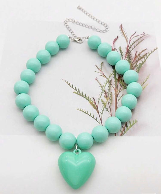 Mint Green Acrylic Beaded Necklace with Puffy Heart Pendant