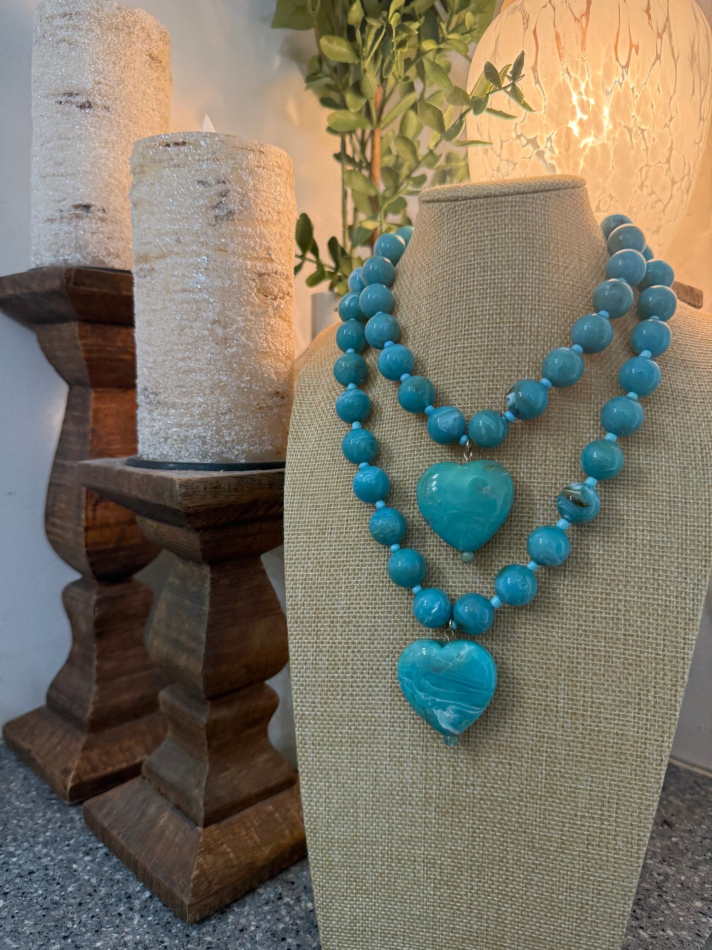 Turquoise & Gold Marbled Beaded Necklace with Puffy Heart Pendant