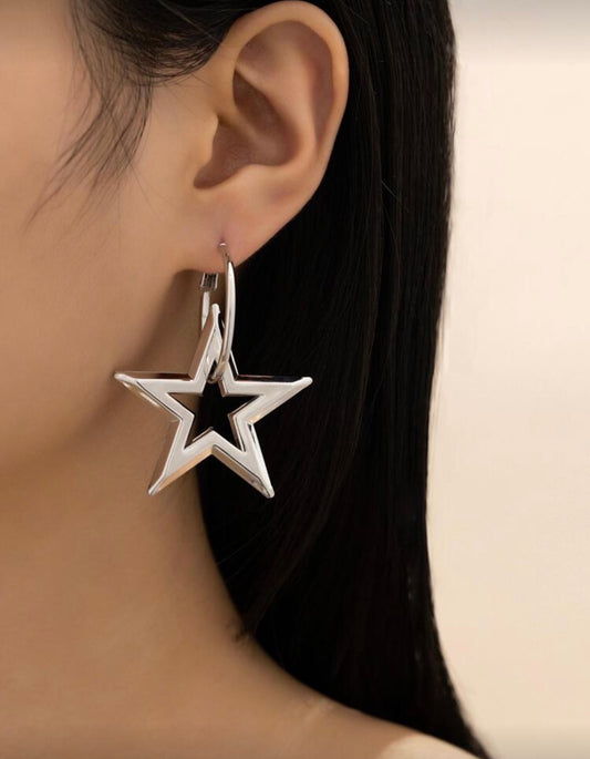Silver Hoop Earrings with Large Dangling Star