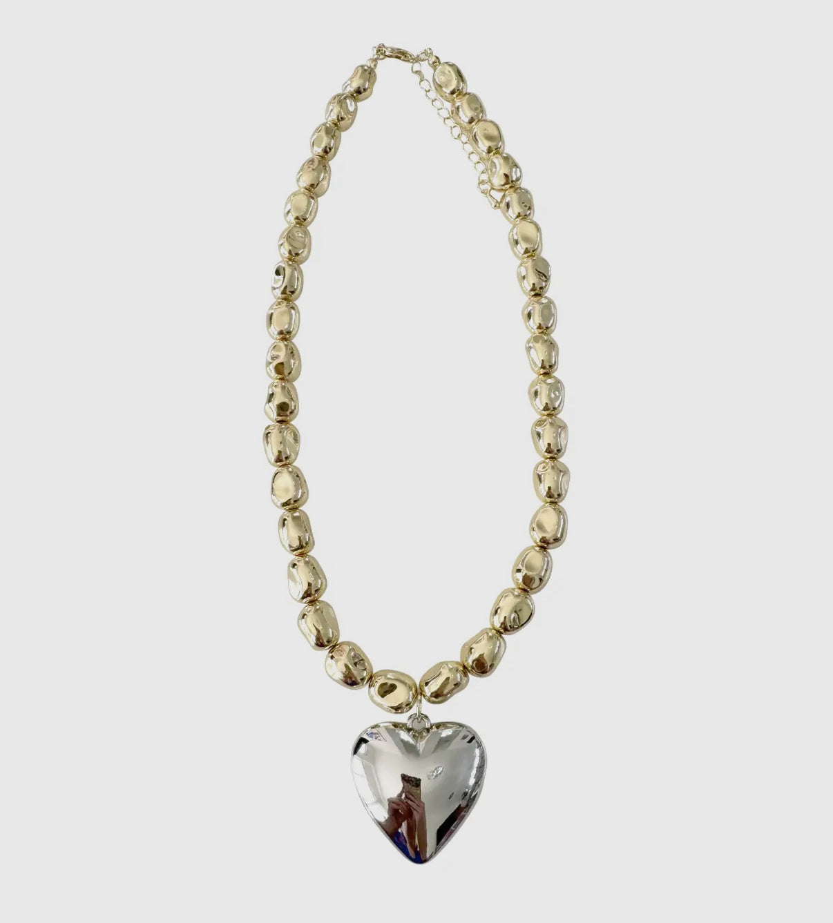 Bebe Hammered Gold Bead Necklace with Shiny Silver Heart Pendant