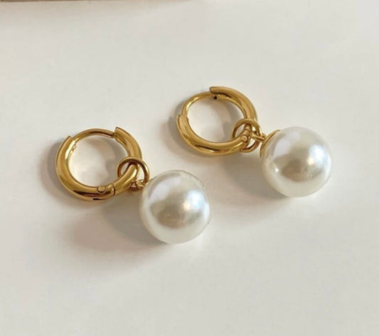 Gold Stainless Steel Huggie Hoop Earrings with Drop/Dangle Pearl