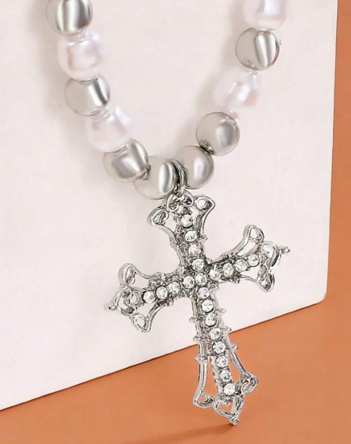 Silver & Pearl Beaded Chain with Silver & Crystal Cross