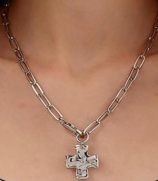Silver PaperclipNecklace with Hammered Cross Pendant