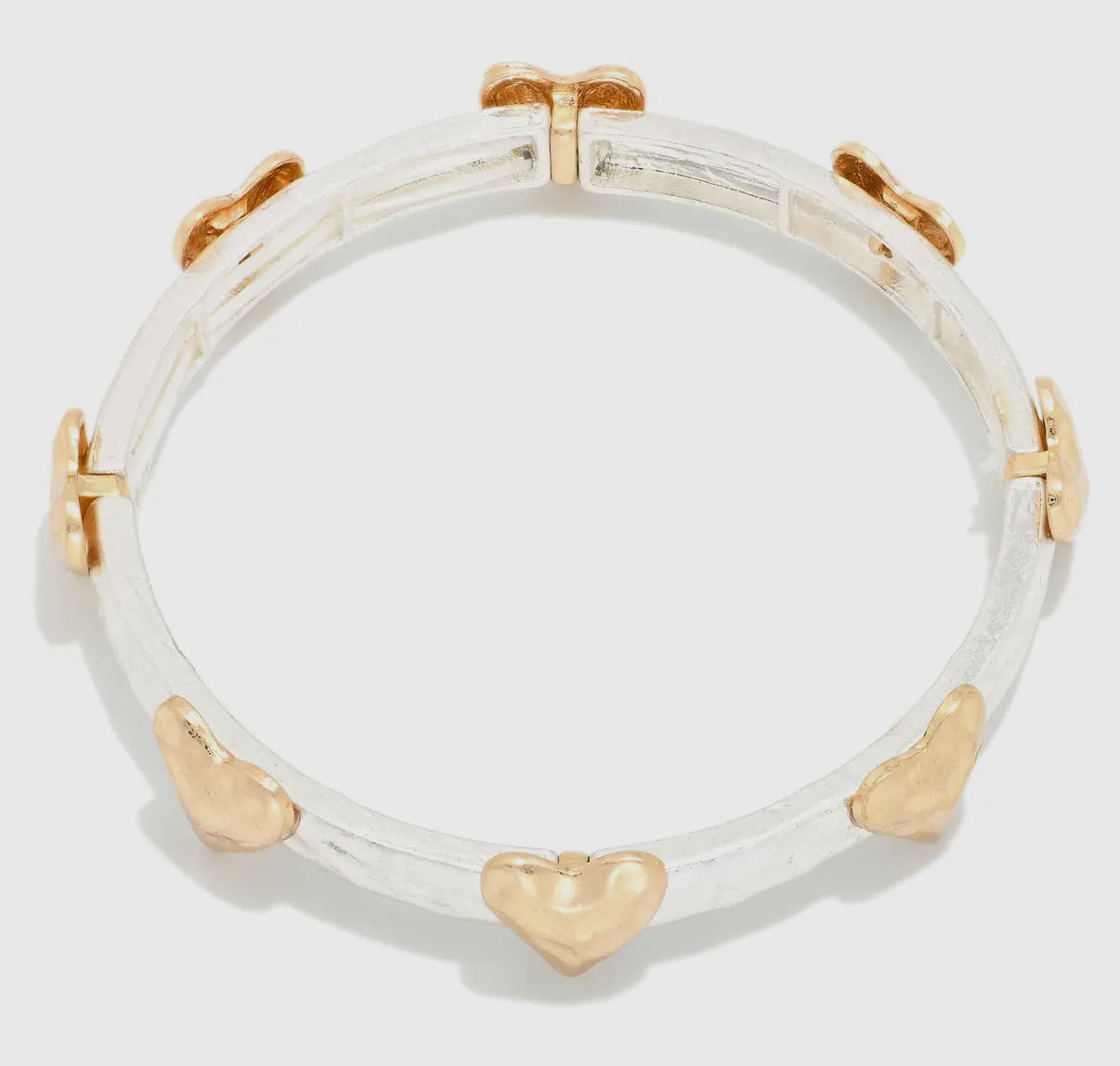 Two-Tone Silver Stretch Bangle Bracelet with Hammered Gold Heart Details