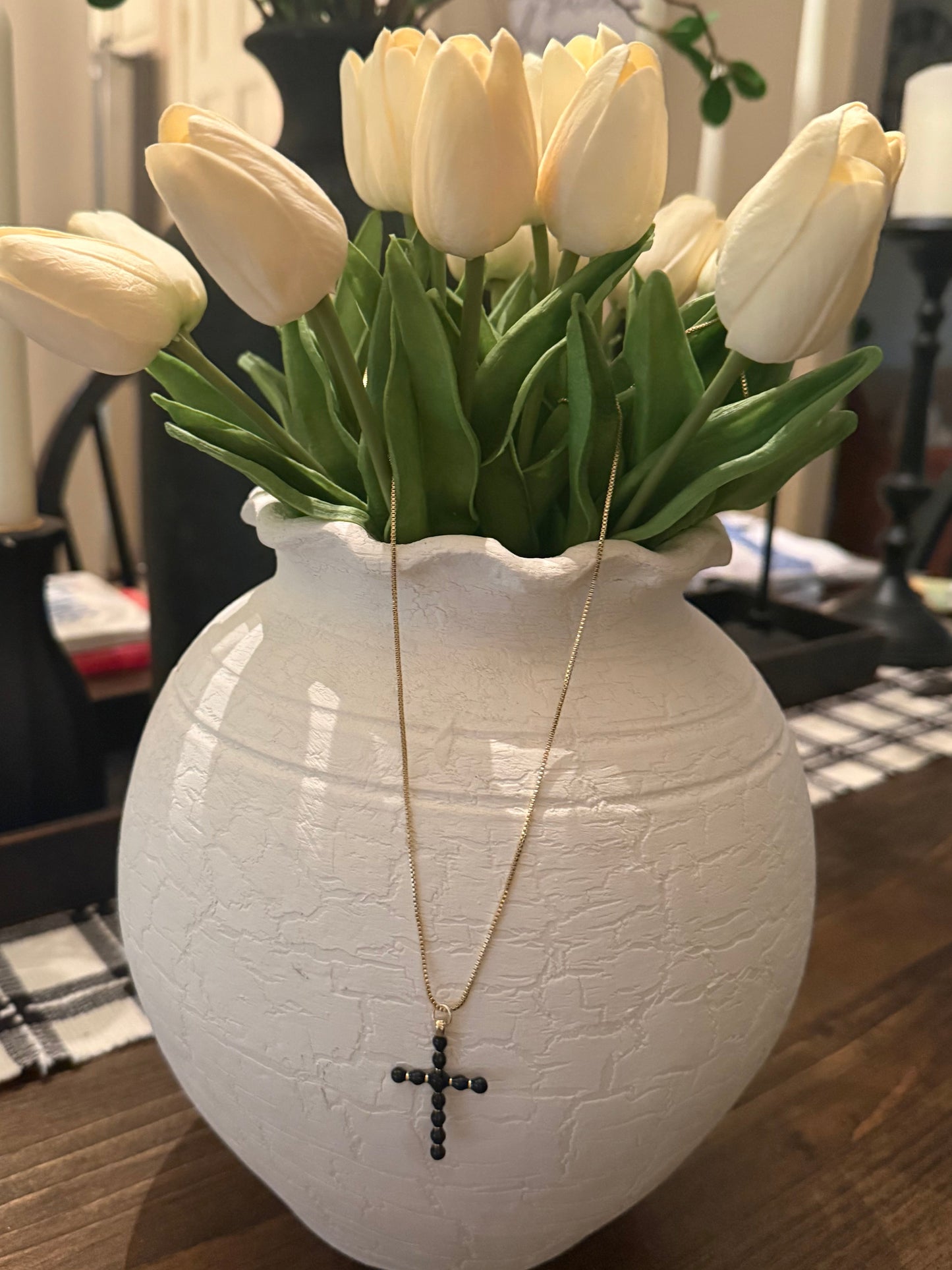 Black Ball Bead Cross Pendant on Gold Box Chain Necklace