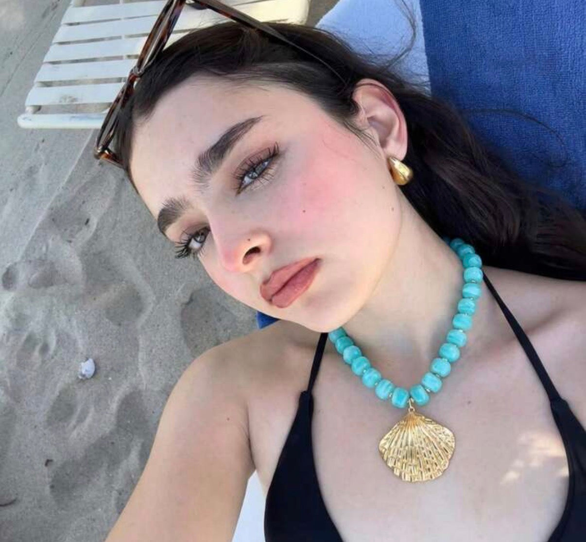 Aqua/Turquoise Beaded Necklace with Gold Shell Pendant
