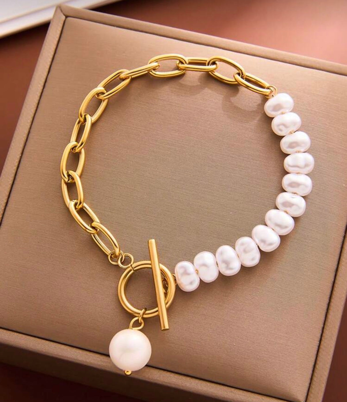 Gold Stainless Steel Chain & Pearl Beaded Toggle Bracelet