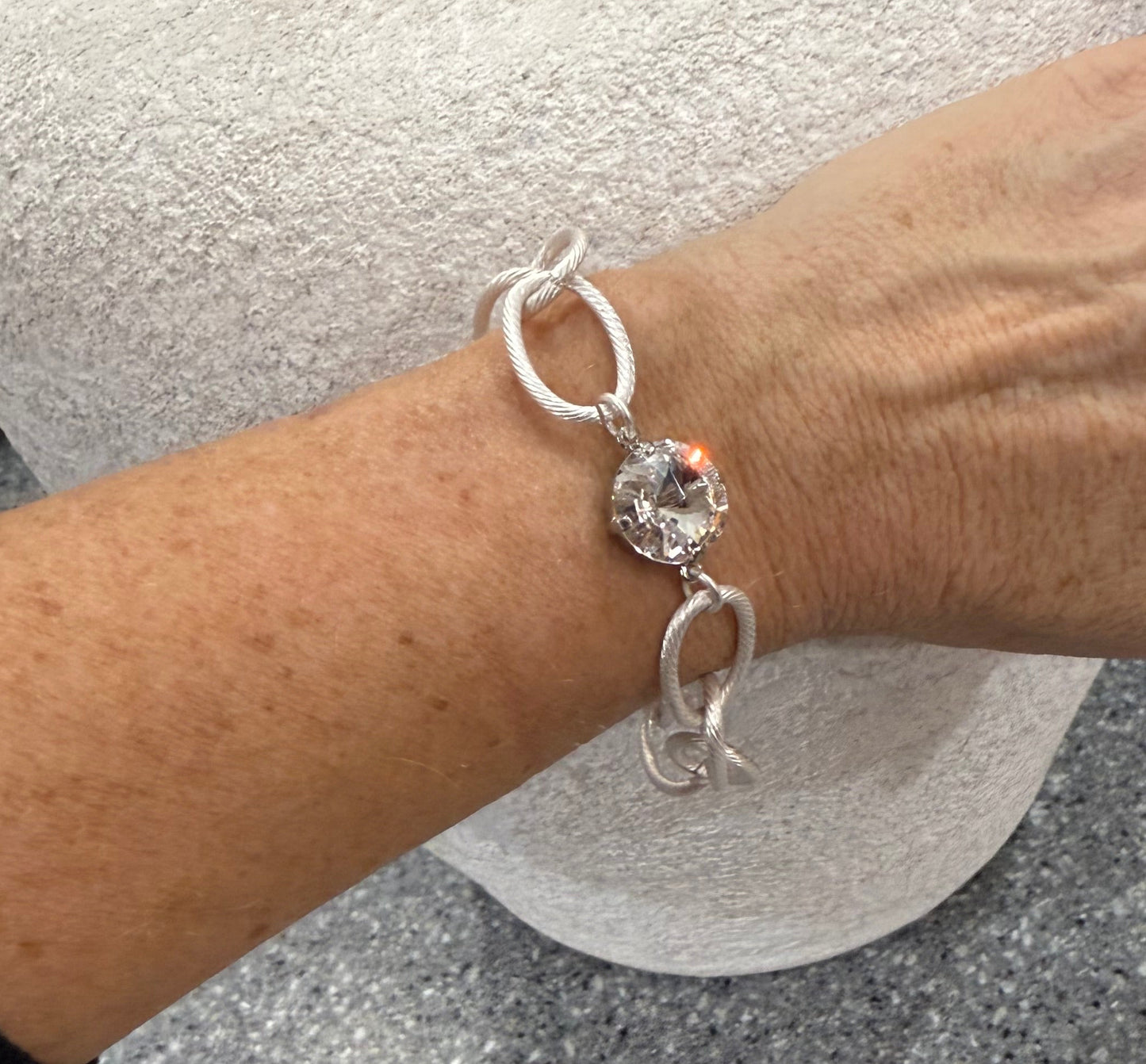 Chunky Silver Chain Link Bracelet with Swarovski Crystal