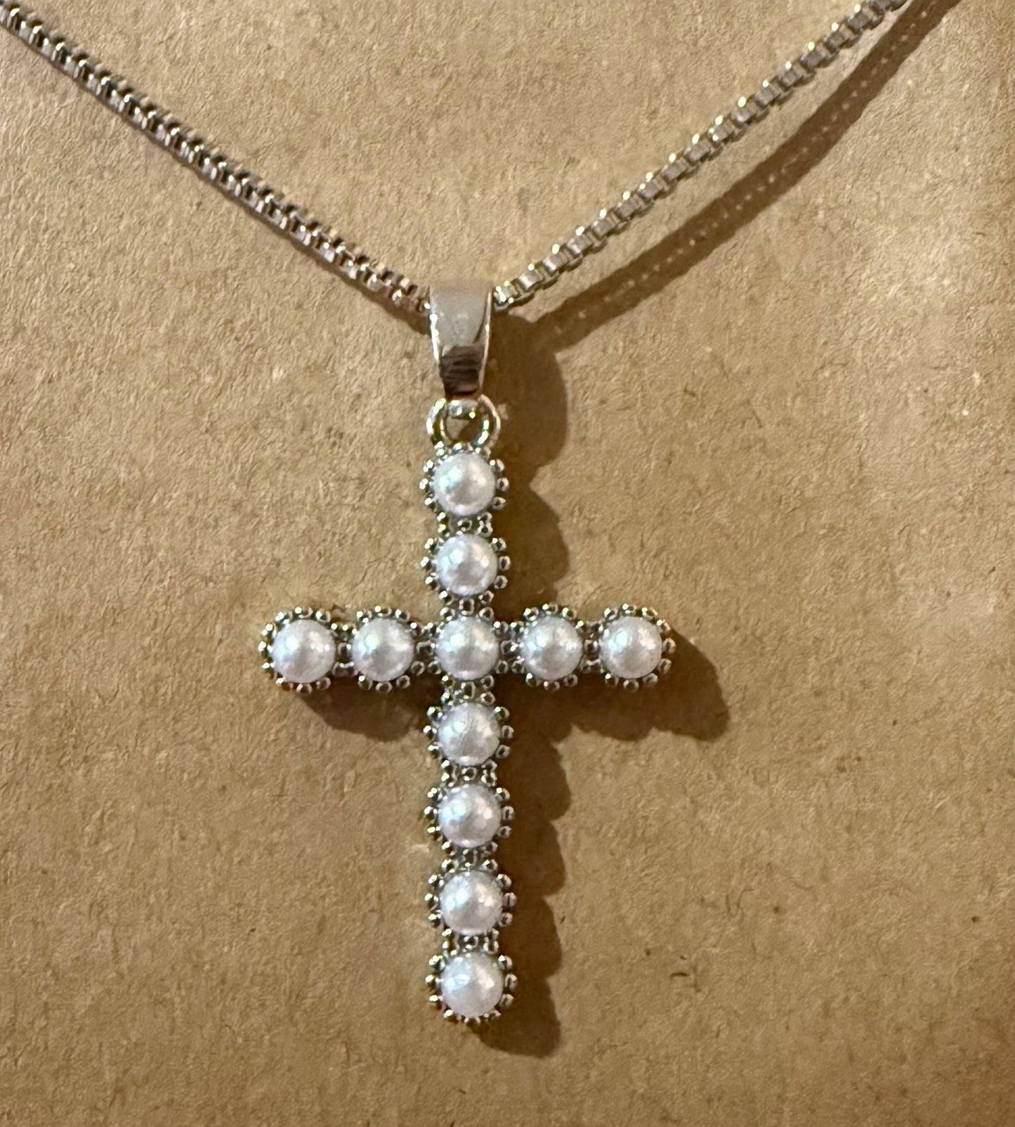 Silver Stainless Steel & Pearl Ball Cross Pendant Necklace
