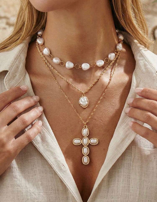 3 Pc. Gold & Pearl Set with Baroque Cross Pendant
