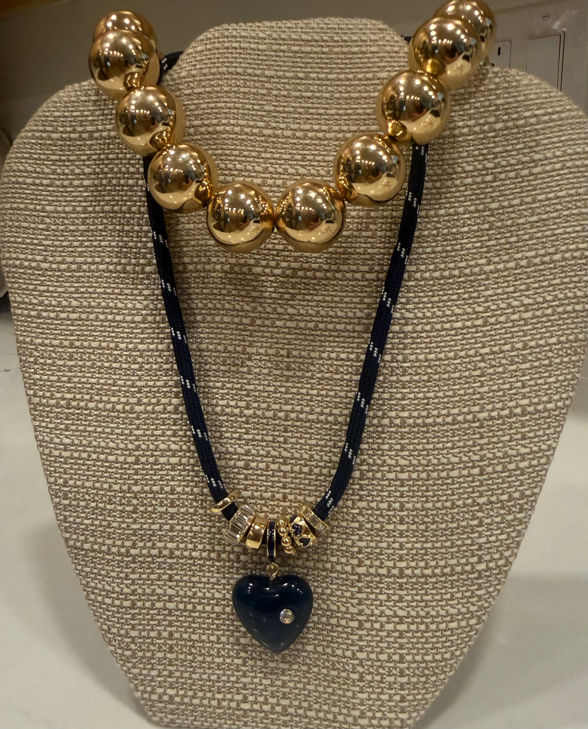 Navy Paracord Rope Choker with Gold & Enamel Charms, Navy Marbled Heart with Tiny Crystal Pendant