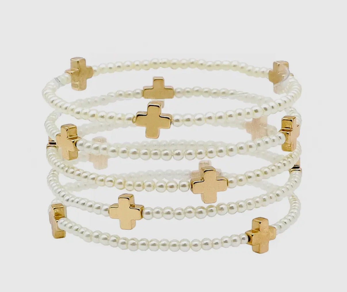 3 pc. Set Pearl Stretch Bracelets with Gold Cross Accents