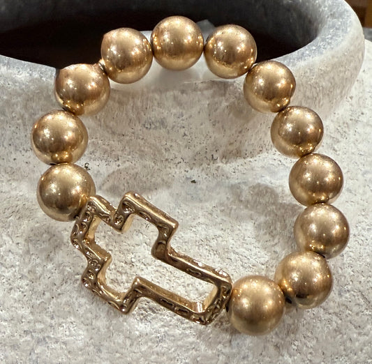 Worn Gold Beaded Stretch Bracelet with Open Cross Detail