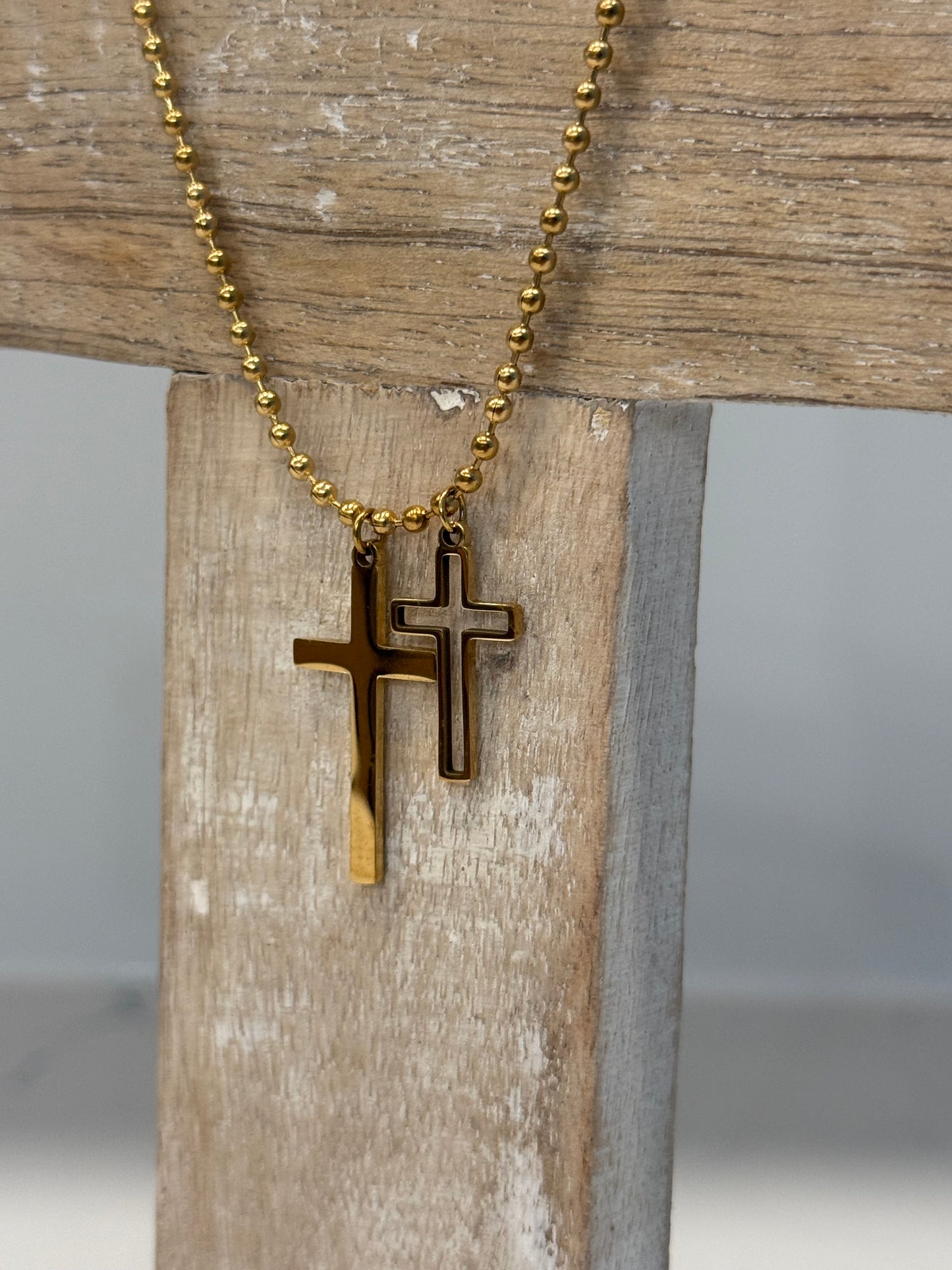 Gold Stainless Steel Double Cross Charms on Gold Ball Beaded Chain