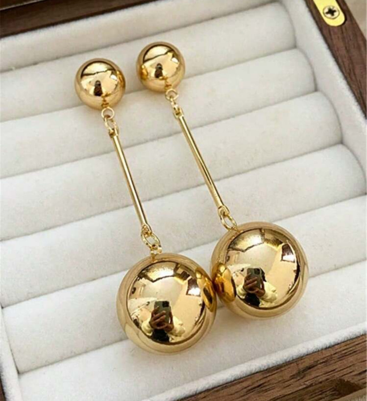Gold Double Ball, Long Drop/Dangle Earrings