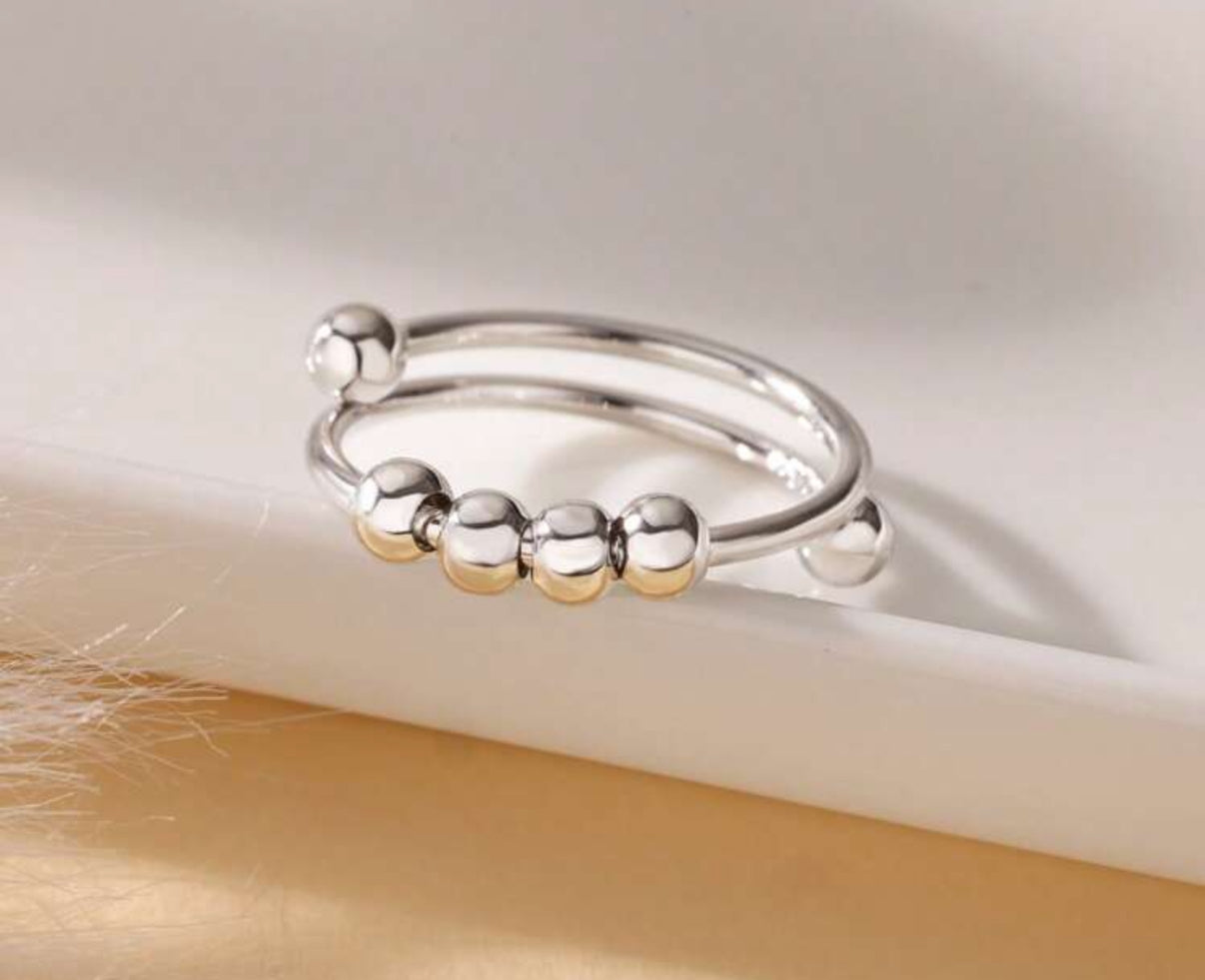 Silver Adjustable Single Ring with Ball Bead Accents