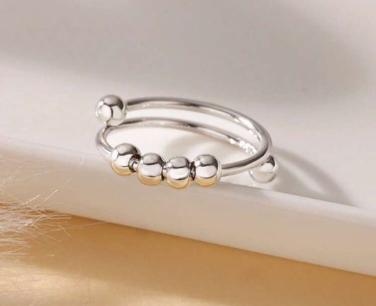 Silver Adjustable Single Ring with Ball Bead Accents