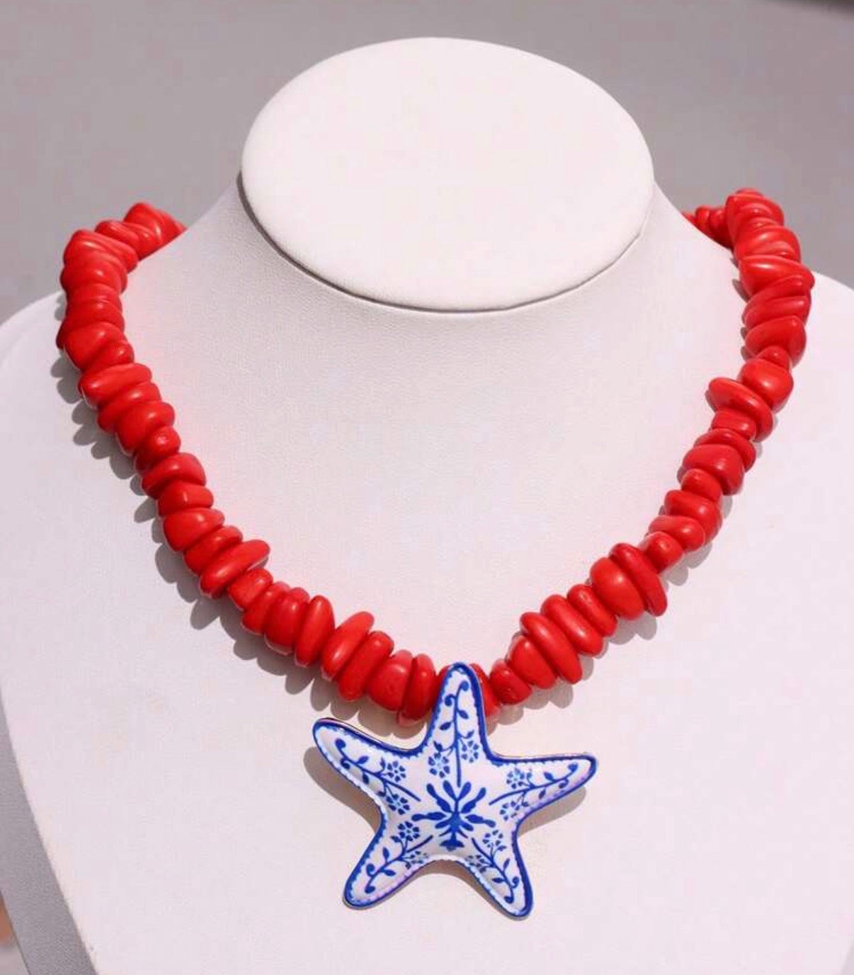 Red Stone Beaded Necklace with Blue & White Painted Starfish Pendant