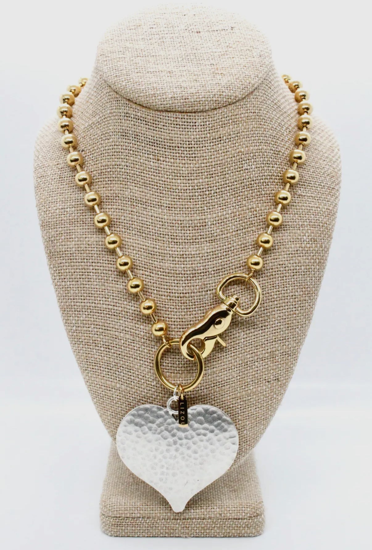 Gold Convertible Ball Bead Chain Necklace with Large Silver Hammered.Heart Pendant