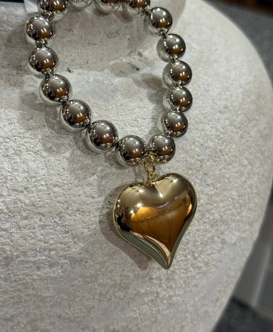 Gina Two-Tone Silver Beaded Bracelet with Gold Puffy Heart Pendant