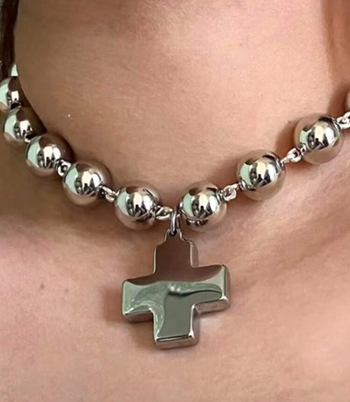 Silver Steel Ball Beaded Necklace with “Squared”Cross Pendant